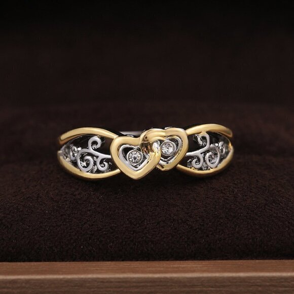 "Lovely Double Heart Carved Flower Two Color Plated Rings for Women, PD697 - Picture 4 of 10